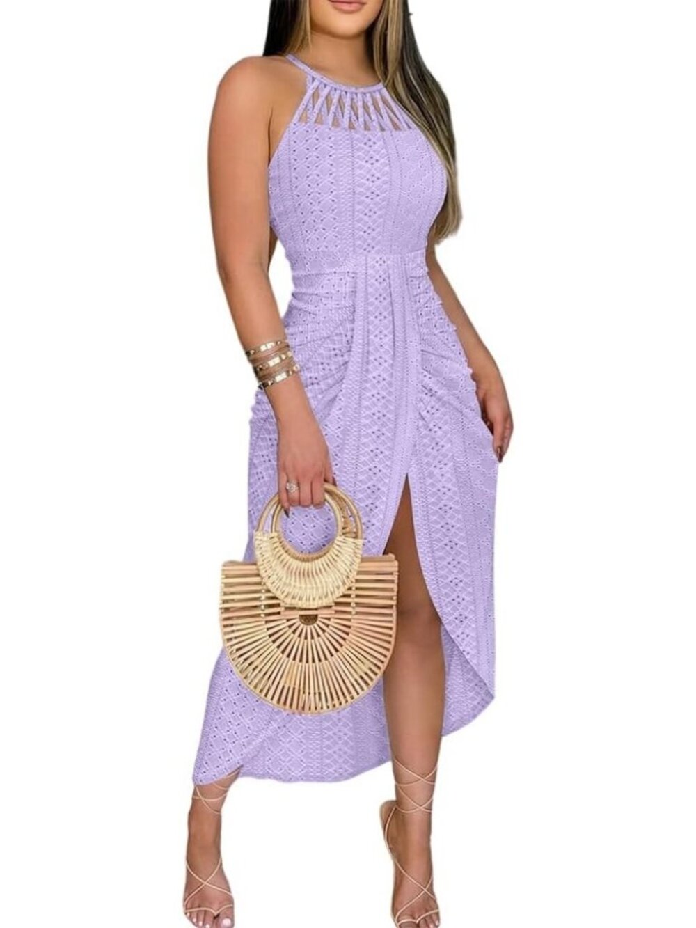 Women's Purple Summer Eyelet Embroidery Comfortable Halter Ruched Bodycon Dress